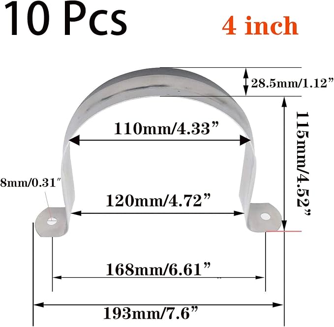 10 Pcs 4inch Rigid Pipe Strap, Two Hole Stainless Steel Strap U Bracket - Image 2
