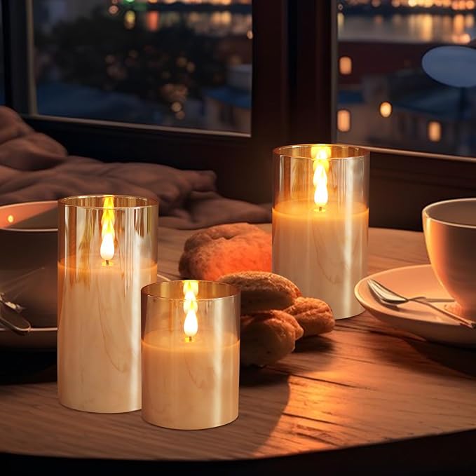 LEDHOLYT Rechargeable Gold Glass Flameless Candles, Flashing LED Pillar Real - Image 7