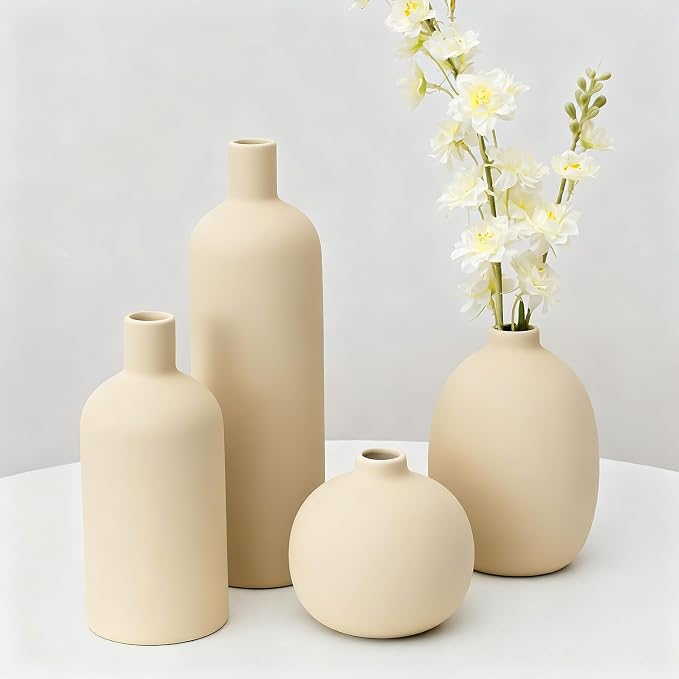 Beige Ceramic Vase Set of 4, Modern Neutral Colors Home Decor, Rustic Farmhouse by JXINDUJU
