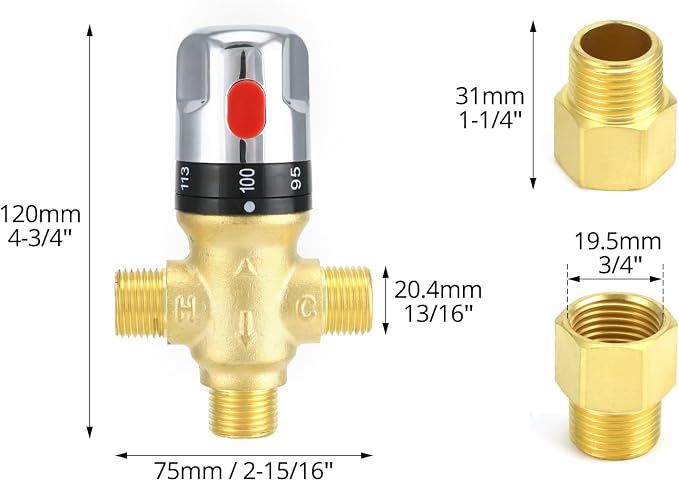 QWORK Thermostatic Mixing Valve, Solid Brass Pipe Water Valve - Image 6