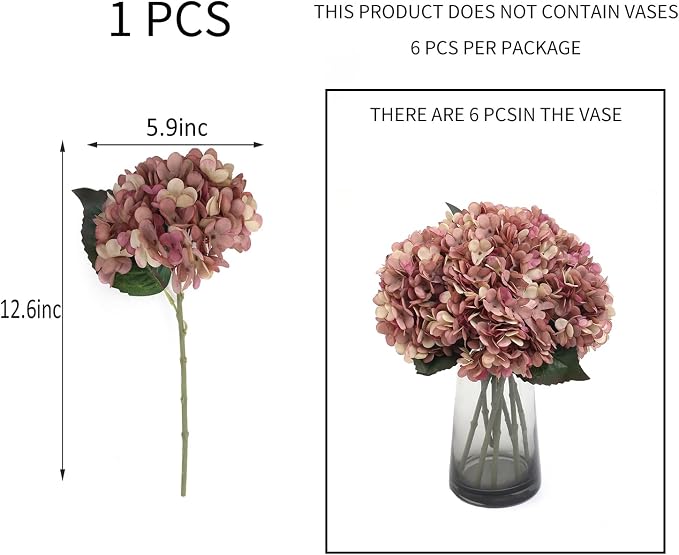 Kimura's Cabin 6pcs Fake Hydrangea Vintage Artificial Flowers, Fall Pink | Silk - Image 2