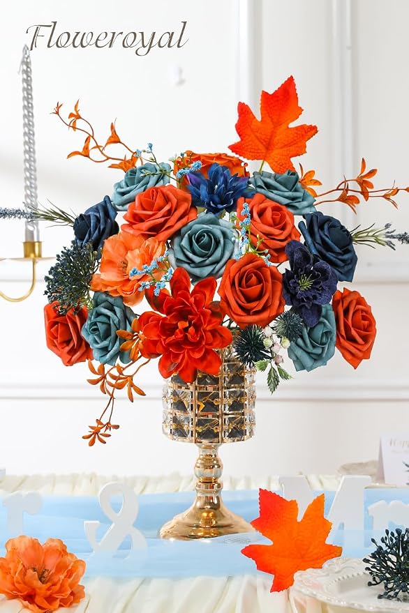 Artificial Flowers Combo Orange Flowers Mix Silk Flowers Dahlia Roses - Image 3