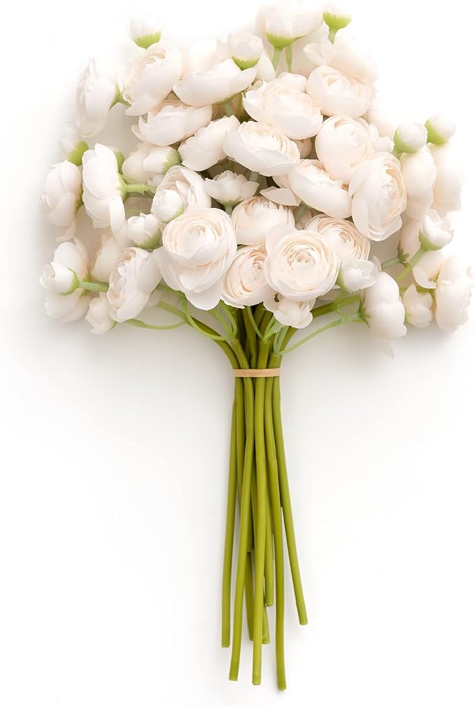 Ling's moment Fake Flowers Artificial Flower Faux Silk Ranunculus Cream | Silk by LingsMoment