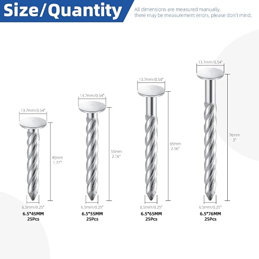 Glarks 100pcs 6.5 x 45/55/65/76mm Thread Twist Nail Kit, Zinc Plated Cement - Image 2