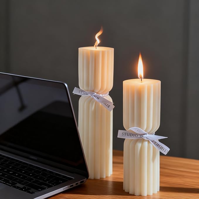 Set of 2 Ribbed Pillar Candles Handmade Soy Wax Scented Ribbed Candle - Image 3
