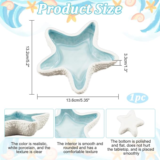 NBEADS Starfish Shape Ceramic Jewelry Tray, Aqua Shell Trinket Dish Ceramic - Image 2