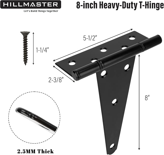 HILLMASTER 8 Inch T-Strap Heavy Duty Shed Door Hinges Gate Strap Hinges Black - Image 2