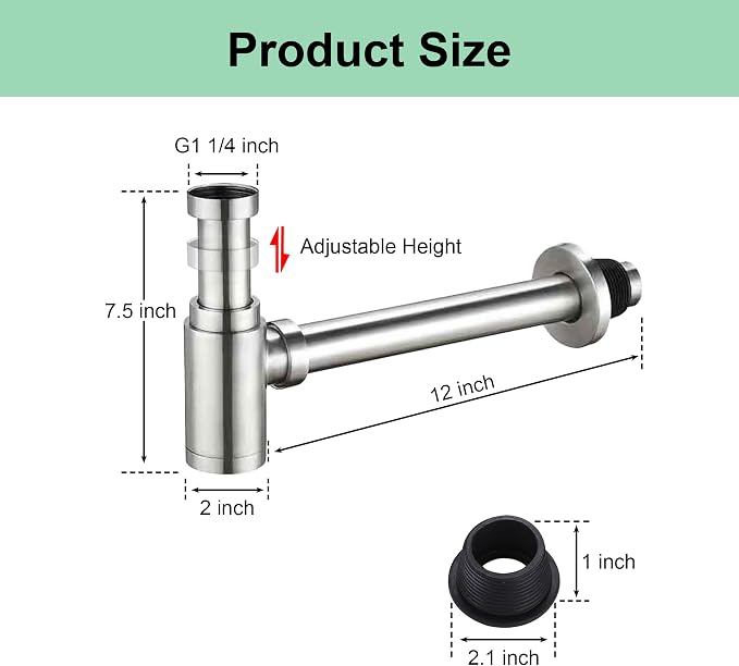 Brushed Nickel Round Bottle P-Trap 1 1/4 Adjustable, Bathroom Sink Waste Drain - Image 3