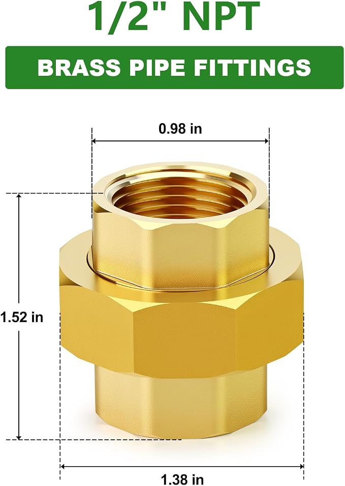 2PCS Brass Union，1/2" NPT Female x 1/2" NPT Female Brass Pipe Fitting - Image 2