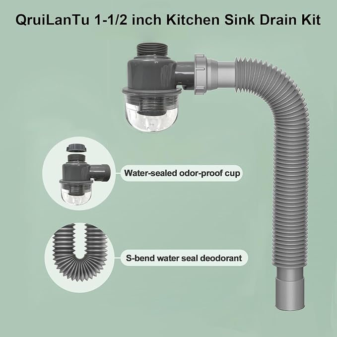 1-1/2 inch Kitchen Sink Drain Kit, space-saving kitchen drain - Image 3