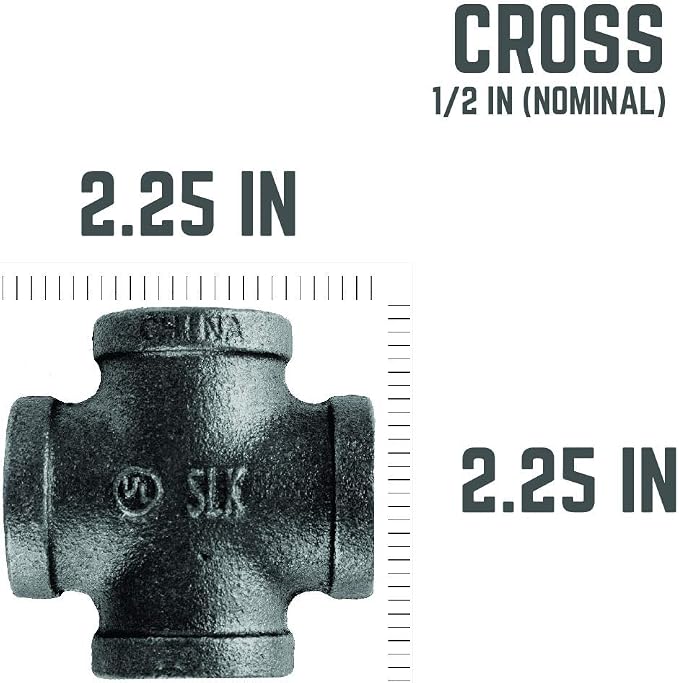 1/2" Cross Fitting, PIPE DECOR Black Malleable Iron Fittings Fit Standard 1/2 - Image 2