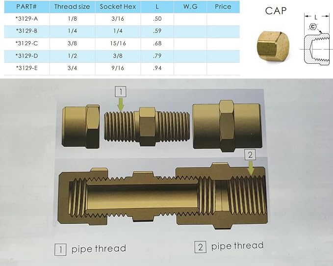 Vis Brass Pipe Fitting, Hex Head Cap, 3/8" NPT Female - Image 3