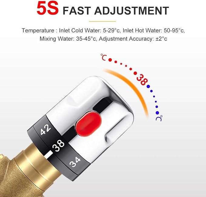 Thermostatic Mixing Valve Shower Mixing Valve 1/2" NPT Solid Brass Hot and Cold - Image 8