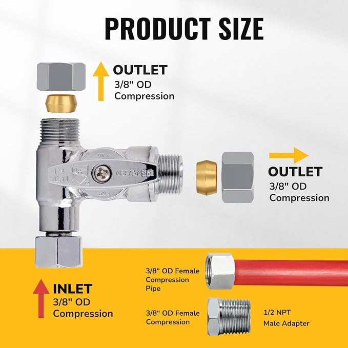 Tee Stop Valve, 3/8" × 3/8" × 3/8" or 1/2" Toilet T Connector, Angle Stop - Image 2