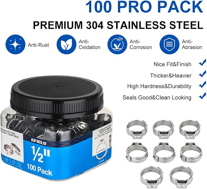 100 piece EFIELD 1/2-inch Pex Crimp Cinch Clamp Rings | Stainless Steel - Image 2