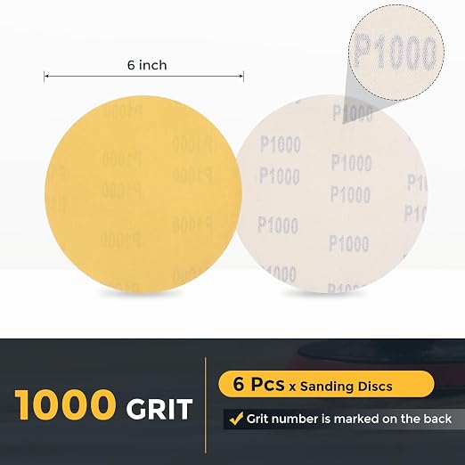 HARFINGTON 6 Pcs 6 Inch Sanding Discs 1000 Grit Yellow Aluminum Oxide | Hook - Image 2