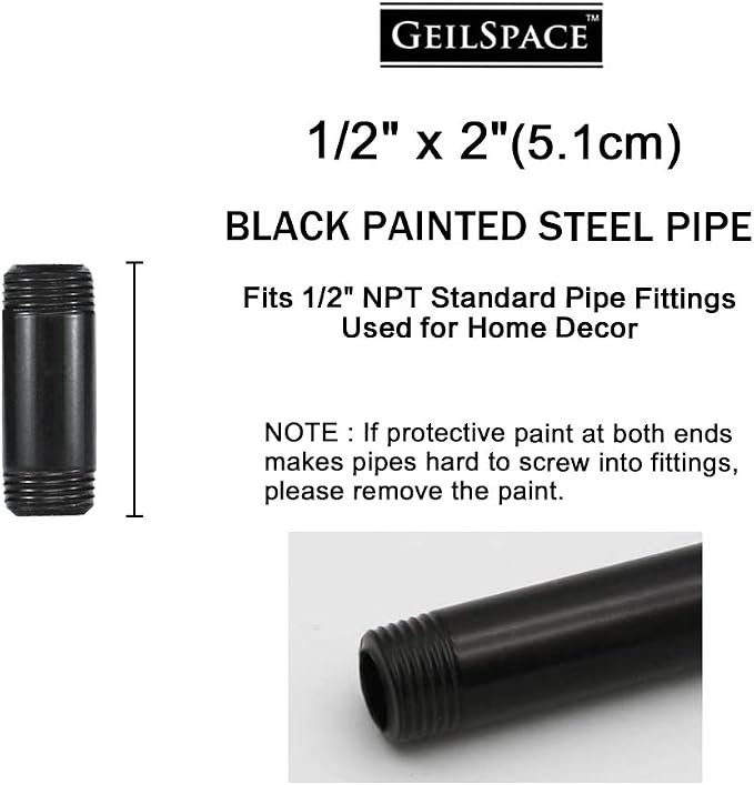 6 Pack 1/2" × 2" Pre-Cut Black Metal Pipe, Industrial Steel Fits Standard Half - Image 2
