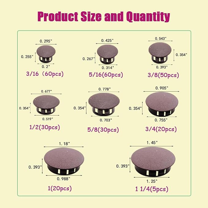 275Pcs Plastic Hole Plugs Recessed Brown Round Hole Plugs 3/16" 1/4" 5/16" 3/8" - Image 3