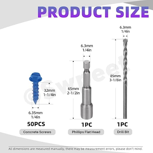 Swpeet 52Pcs 1/4" x 1-1/4" Slotted Hex Washer Head Concrete Screws Anchor - Image 2