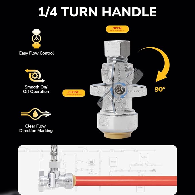 1/2" PTC x 3/8" OD Compression Straight Stop Valve, Toilet Water Shut Off - Image 3