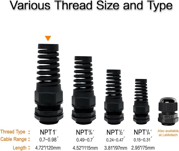 2Pcs NPT 1" IP68 Waterproof Cable Gland Flex Spiral Strain Relief Black Nylon - Image 6