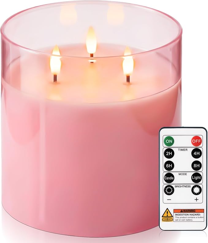 Homemory Pink Large Glass Flameless LED Candle, 3 Wicks, Remote Timer | 6"x6" by Homemory