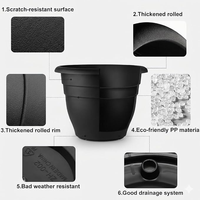 RooTrimmer 6 Pack 16 Inch Large Plant Pots Outdoor, Heavy Duty Plastic Planters - Image 3