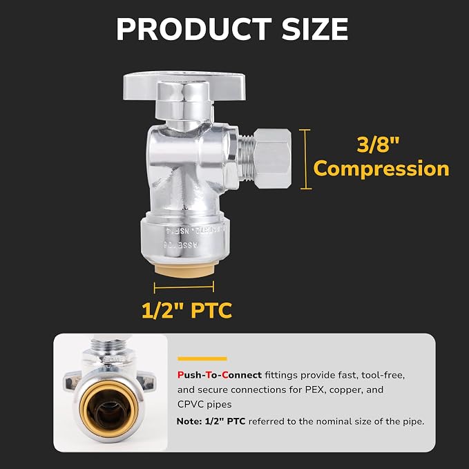 Angle Stop Valve, 1/2" PTC x 3/8" OD Compression, Toilet Water Shut Off Valve - Image 2
