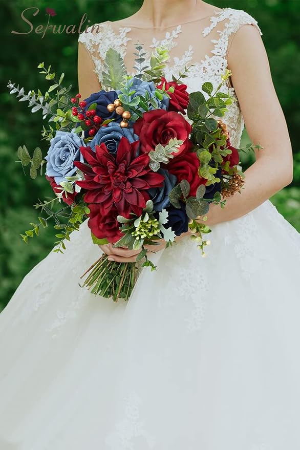 Serwalin Artificial Flowers Burgundy Navy Dahlia Silk Flowers - Image 2