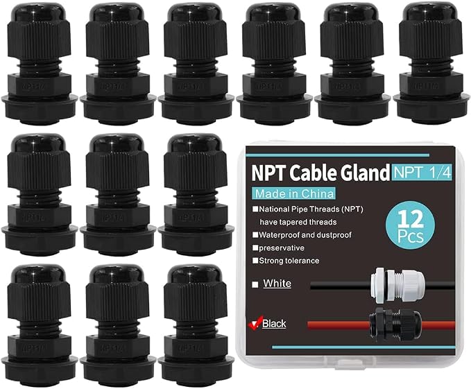 12-Pack 1/4" NPT Cable Glands, IP68 Waterproof Nylon PA66 Strain Relief Cord by AIRTAK