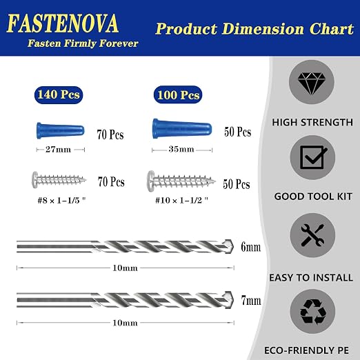 240Pcs Conical Concrete Anchors and 304 Stainless Steel Screws Assortment Kit - Image 2