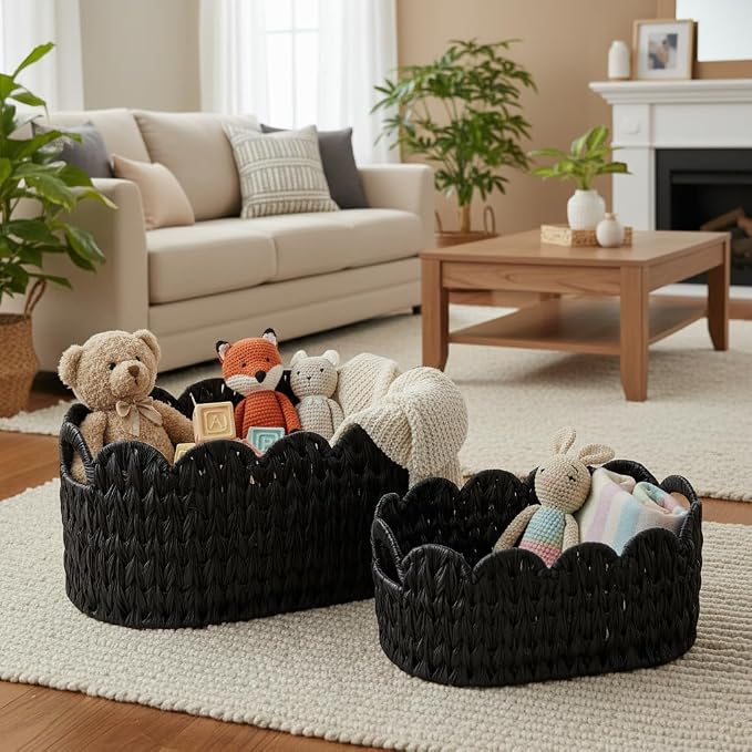 Coeusy Wicker Scalloped Basket Set of 2, Woven Storage Baskets - Image 3