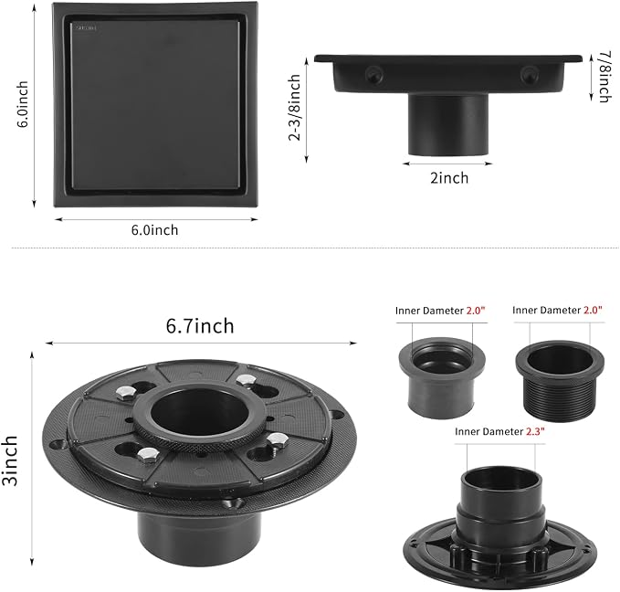 EXF Square Shower Drain 6 Inch Matte Black - Image 5