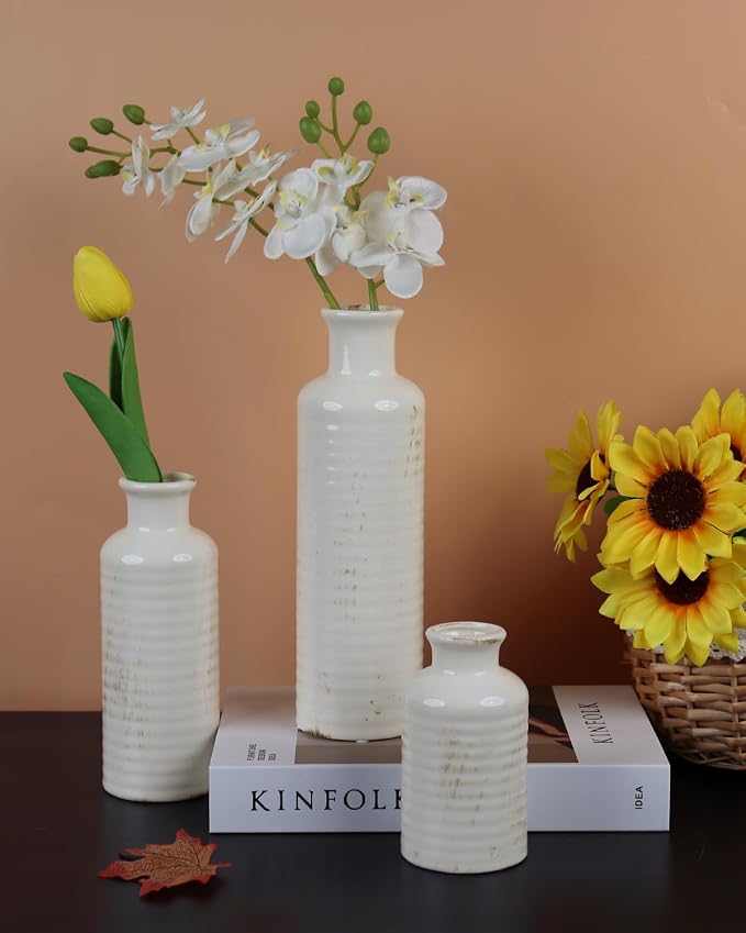 White Ribbed Ceramic Vase Set of 3, Clay Bottle Vases - Image 7