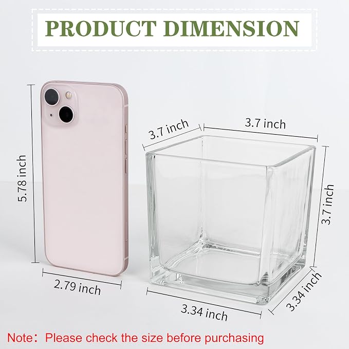 6 Pack Square Glass Vases 4" x 4" x 4", Wedding Party Home Decor - Image 2