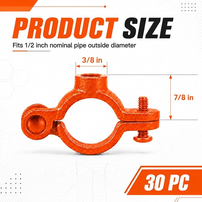 Orange 30 Pack 1/2" Hinged Split Ring Pipe Hanger, Copper Epoxy Coated Iron - Image 2