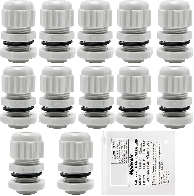 MAKERELE NPT 3/8” 12 Pack Grey Nylon Cable Glands Grey | IP68 Waterproof Strain by MAKERELE