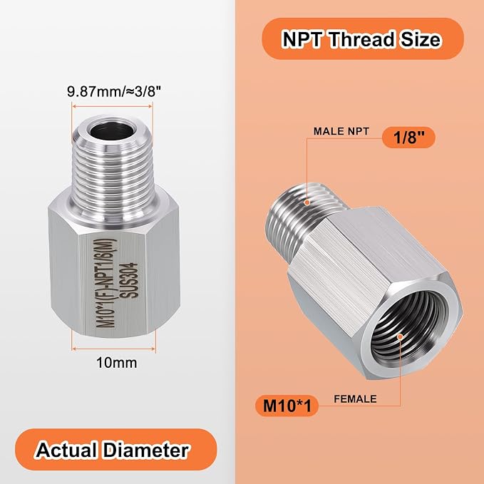 1 Pack 304 Stainless Steel FeMale to Male Adapter, M10*1 FeMale x 1/8" Male NPT - Image 2