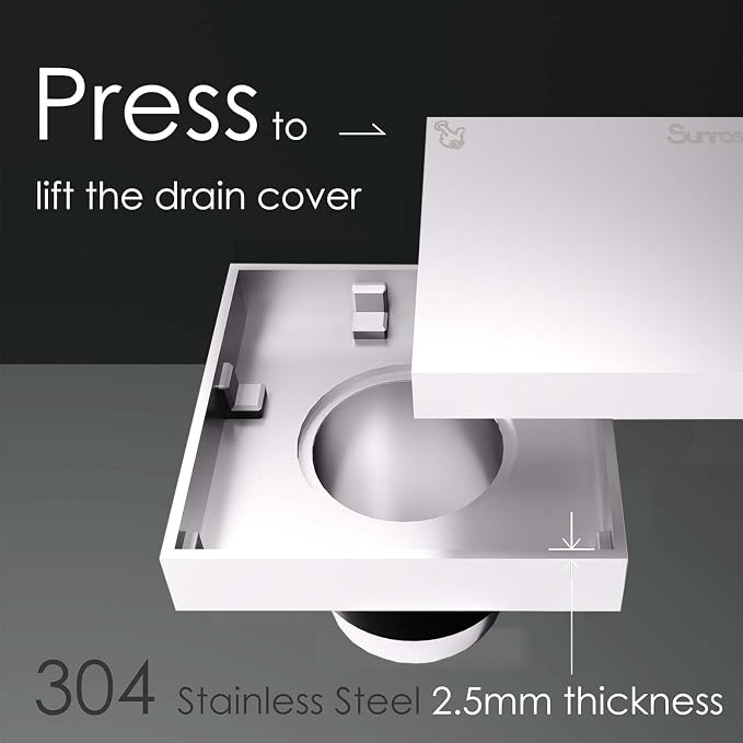 Sunrosa 4 Inch Square Shower Drain, Polished Chrome, 304 Stainless Steel | - Image 6