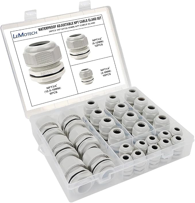 28 Pack NPT 1/4" 1/2" 3/4" Cable Glands Kit Waterproof Adjustable 4-18mm Cable by LeMotech