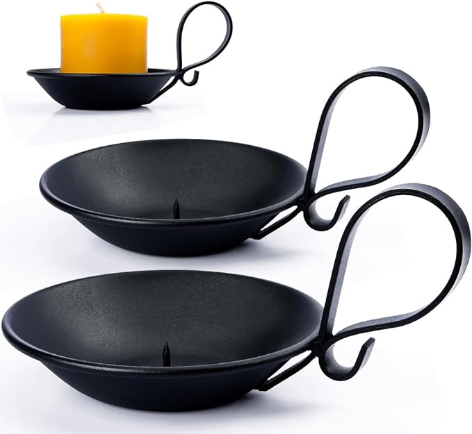 2-Pack Matte Black Iron Pillar Holders, Handle & Safety Spike | Thick Cast Metal by Aglary