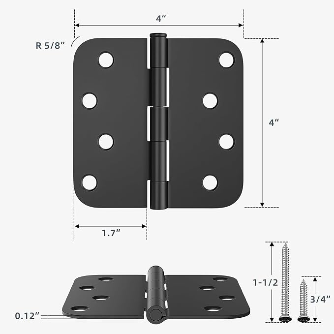 HOSOM 18 Pack Rounded Door Hinges 4 Inch 5/8'' Radius Corner, Matte Black - Image 2