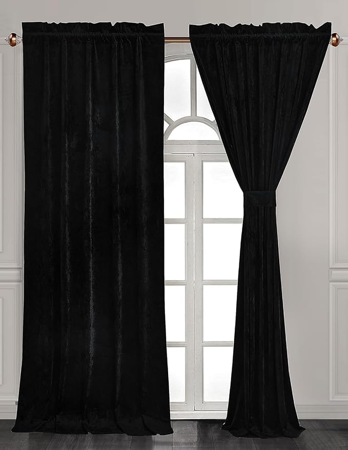 Chezmoi Collection Lux Black Crushed Velvet Curtains 2 Panel Set - Image 2