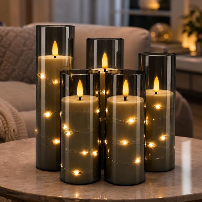 Da by 5 Pack Gray Transparent Acrylic Flameless Taper Candles, Flickering Black - Image 2
