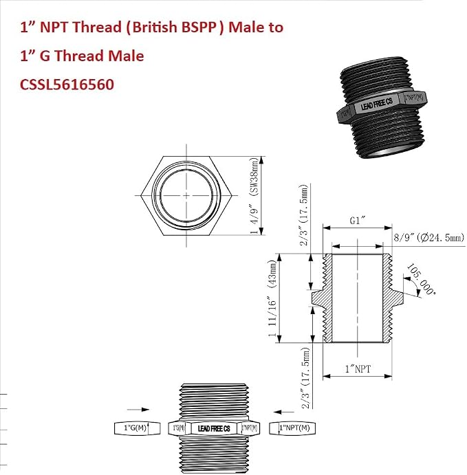 Cascada 1" G Thread Male to 1" NPT Thread Male Pipe Fitting Adapter - Image 4