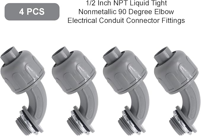 4-Pack 1/2 Inch NPT Liquid Tight PVC 90 Degree Conduit Connectors | elbow angle - Image 4