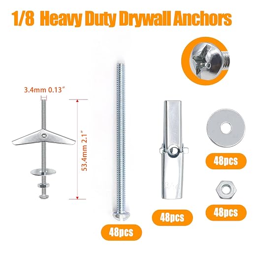 weideer 192Pcs Toggle Bolts 1/8" Heavy Duty Drywall Anchors and Screws - Image 6