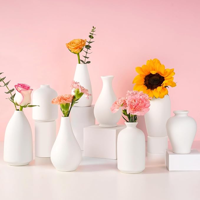 8 Pack Ceramic Bud Vase, Small White Vase by Linyona