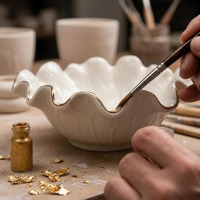 8 Inch Small Lotus Ceramic Decorative Bowl, about15 oz Capacity, Modern Ruffle - Image 2