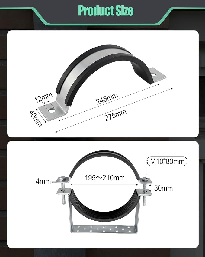 2 Pcs 4-1/4 Inch Rigid Split Ring Pipe Hanger Adjustable Wall Strap | Stainless - Image 6
